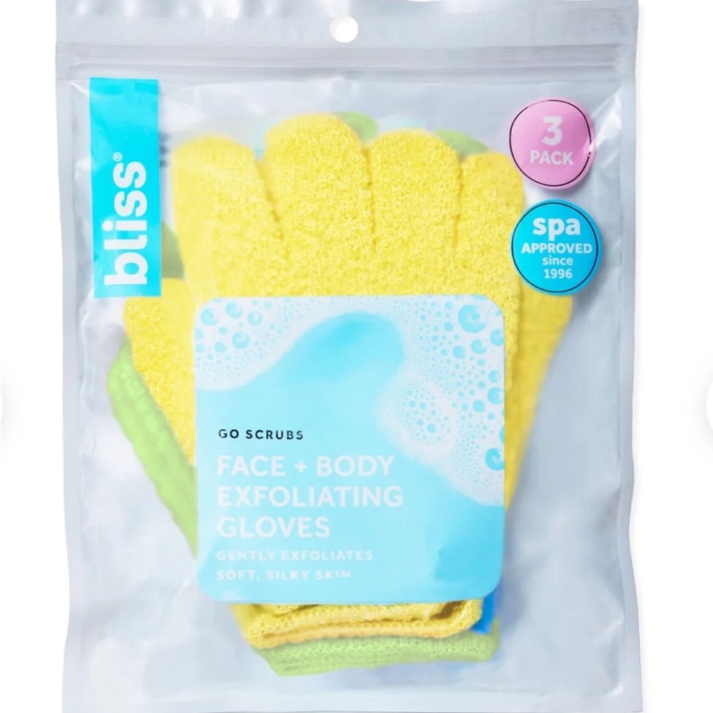 BLISS Go Scrubs Face + Body Exfoliating Gloves Yellow/Green/Blue (Set of three)